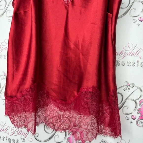 Victoria secret tank top lacie shimmer shiny silky Red Satin Lace Trim Cami Top - Picture 5 of 10